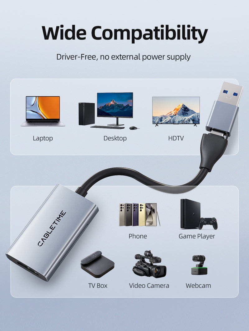 CABLETIME HDMI to USB / USB-C Video Capture Card 1080P60 with 4K30 Input for Nintendo Switch, Gaming & Live Streaming