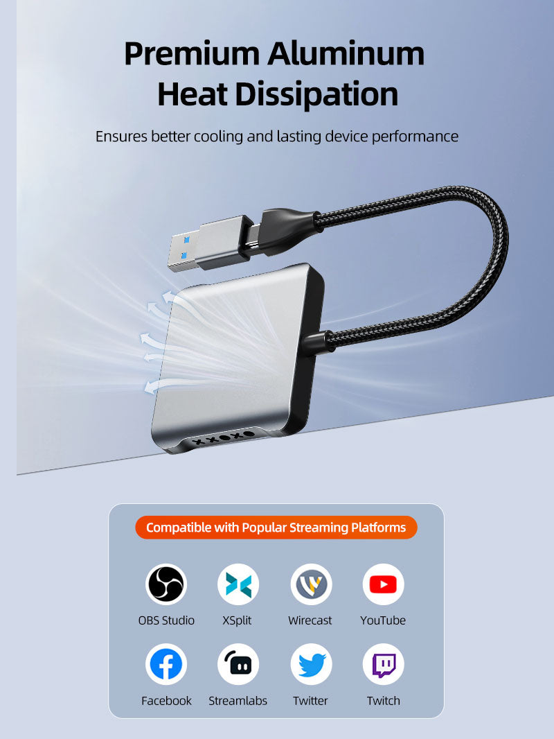 CABLETIME USB 3.0 HDMI Capture Card 1080P60 with 4K30Hz Loop Out, USB-A/USB-C Output, Mic Input & Audio Monitoring