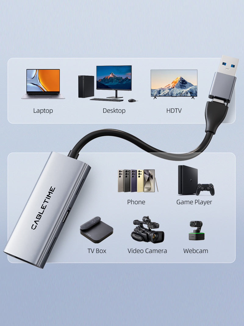 CABLETIME USB 3.0 Video Capture Card with 100W PD, HDMI to USB-A / USB-C 1080P60 for PS4, Gaming & Live Streaming