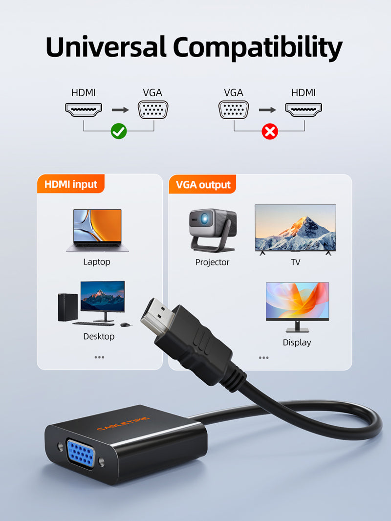 CABLETIME 1080p HDMI Male to VGA Female Video Converter Adapter, model CP52B, SKU CT-AV582-HAVGAG-B0.2