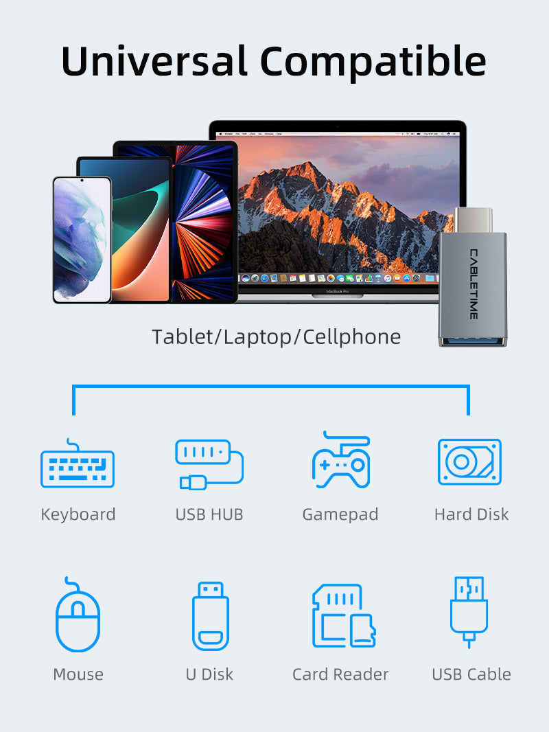 CABLETIME USB C to USB 3.0 Adapter Converter, model CP76G, SKU CT-C160-PU33-CMAF(OTG)-AS.
