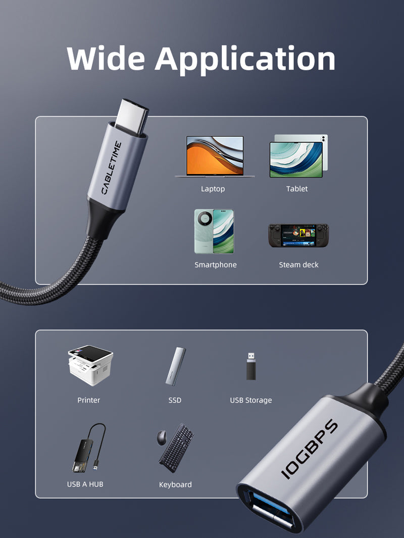 CABLETIME 10Gbps USB-C Male to USB-A Female Adapter, model CP62G, SKU CT-CMAF10-AGL