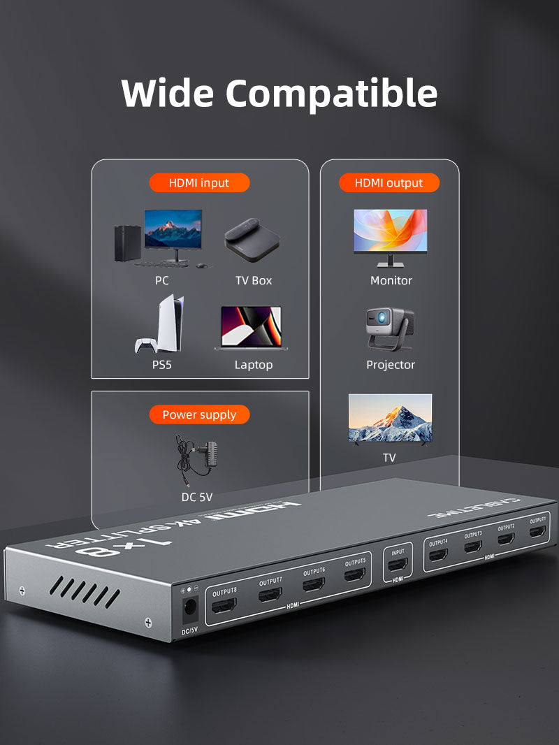 CABLETIME 4K 1x8 HDMI Splitter Distribution Amplifier, 1 In 8 Out HDMI Splitter for Multiple Displays