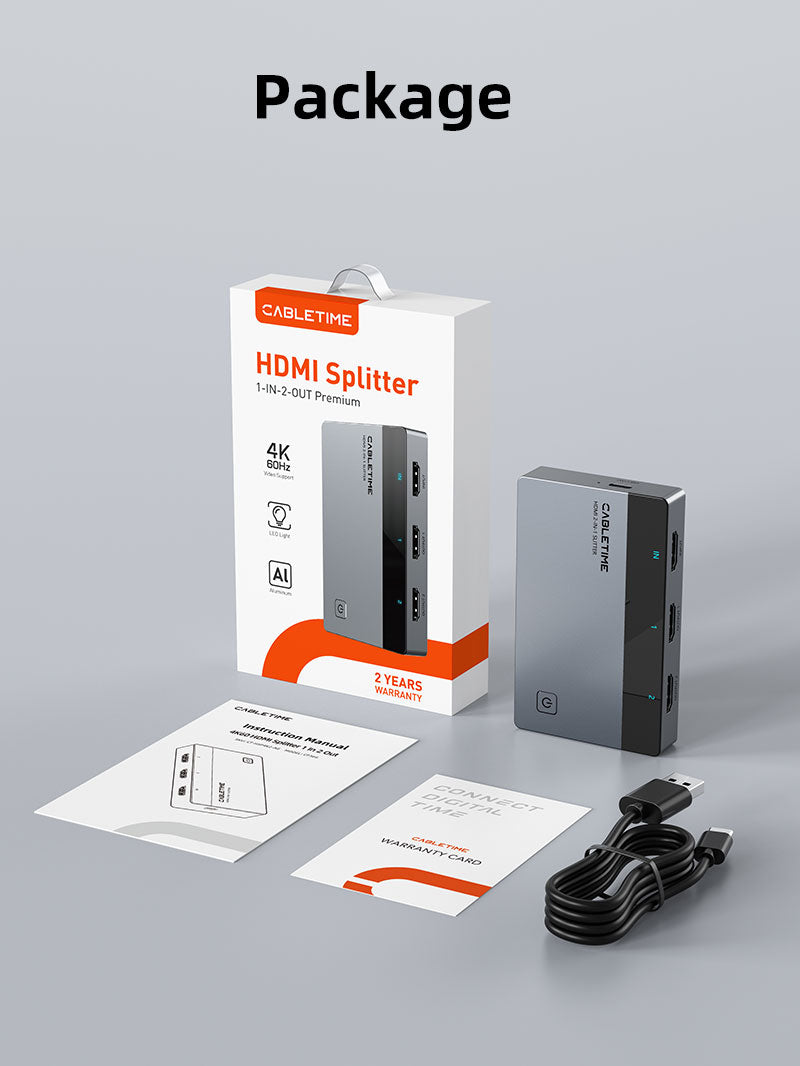 CABLETIME 4K 60Hz HDMI Splitter 1 IN 2 Out for Dual Monitors, HDMI 1x2 Splitter with USB-C Power & LED Indicators