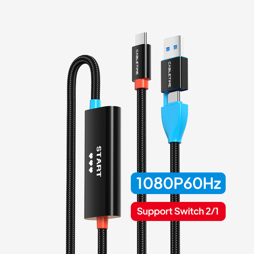 CABLETIME 1080P USB-C Video Capture Card with 100W PD for Nintendo Switch 2, USB-A/USB-C Output & 4K30 Input