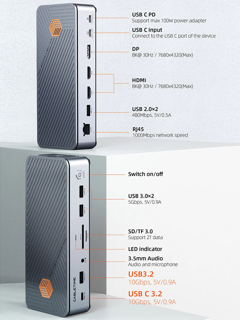 Cabletime 8K USB Laptop Docking Station Dual HDMI Three Monitors for ASUS Dell MacBook (CB14S)