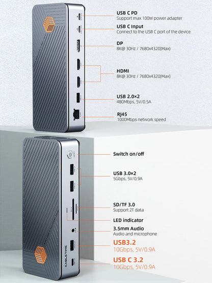 Cabletime 8K USB Laptop Docking Station Dual HDMI Three Monitors for ASUS Dell MacBook (CB14S)