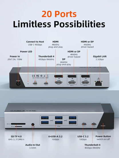 Cable Time 20 IN 1 DisplayLink Thunderbolt 4 Docking Station Triple Monitor for Macbook Pro (TB20G)