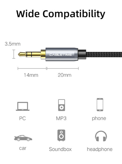 CABLETIME 3.5mm Male to Female AUX Audio Extension Cable, Gold-Plated Nylon Braided Stereo Extension Cable