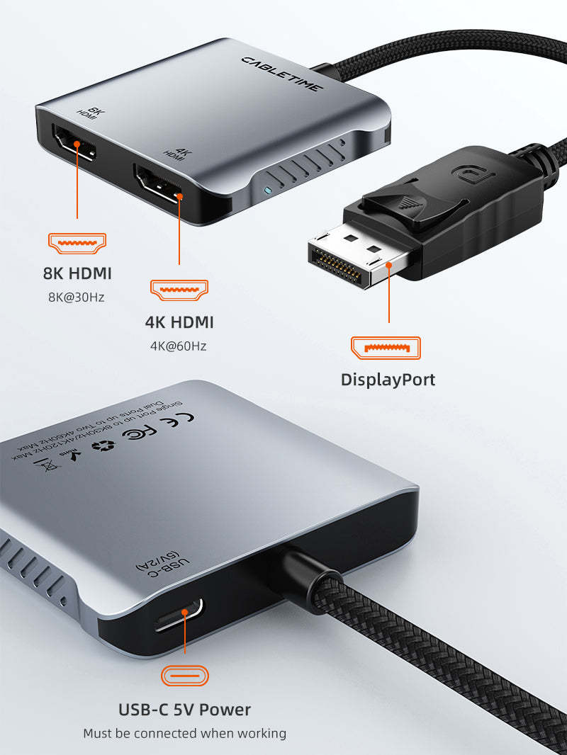 CABLETIME DisplayPort to Dual HDMI Adapter, Dual 4K@60Hz & 8K@30Hz, MST | CT-DM2H8K-AG - image 2