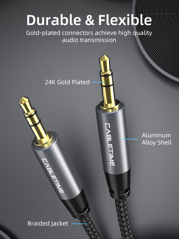 CABLETIME 3.5mm Male to Male Stereo AUX Audio Cable, Gold-Plated Nylon Braided AUX Cable for Car Stereo, Speaker, Headphone & Phone