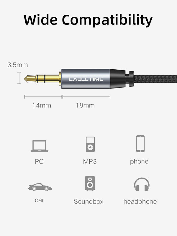 CABLETIME 3.5mm Male to Male Stereo AUX Audio Cable, Gold-Plated Nylon Braided AUX Cable for Car Stereo, Speaker, Headphone & Phone