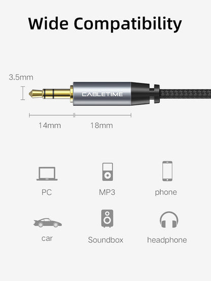CABLETIME 3.5mm Male to Male Stereo AUX Audio Cable, Gold-Plated Nylon Braided AUX Cable for Car Stereo, Speaker, Headphone & Phone