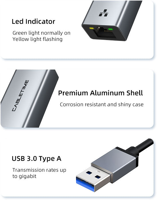 CABLETIME USB 3.0 to Gigabit Ethernet Adapter 1000Mbps RJ45 | CT-AML1000-AG