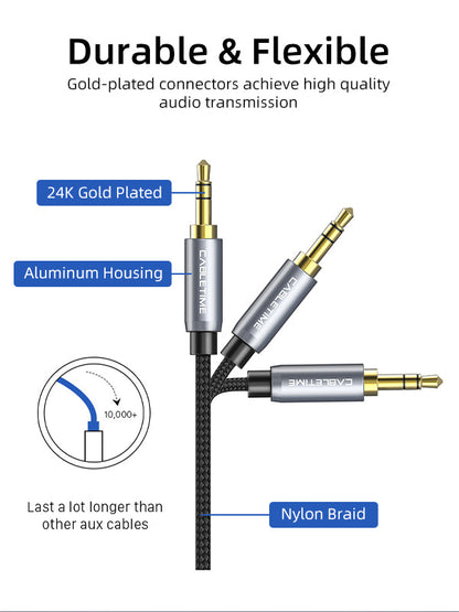 CABLETIME 3.5mm Male to Female AUX Audio Extension Cable, Gold-Plated Nylon Braided Stereo Extension Cable