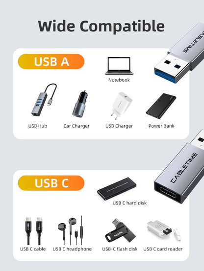 CABLETIME USB 3.0 A Male to USB-C Female OTG Adapter, model CP77G, SKU CT-C160-PU33-CFAM(OTG)-AS