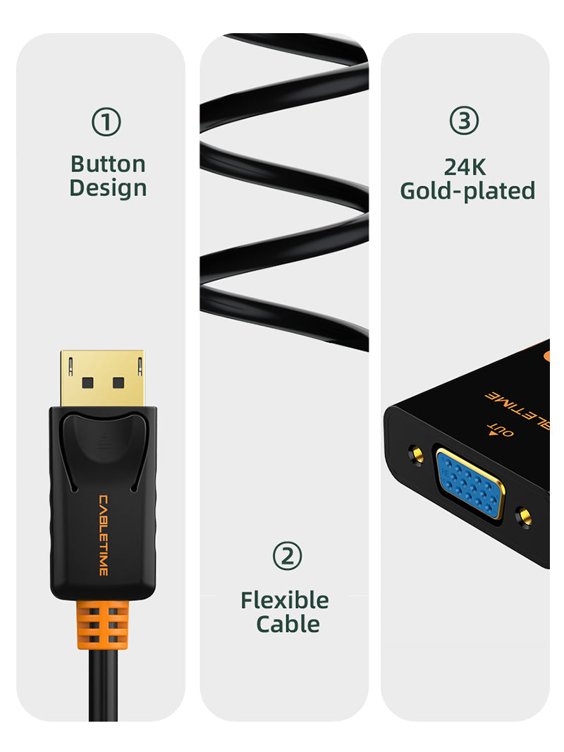 CABLETIME DisplayPort to VGA compact portable adapter