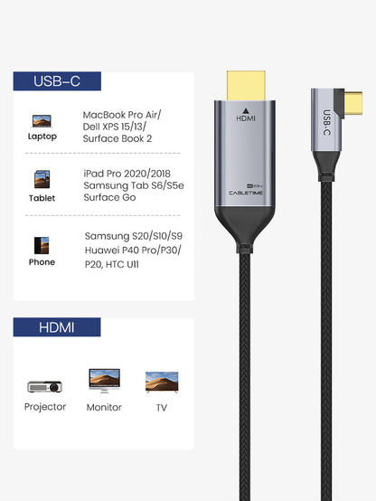 CABLETIME USB-C to HDMI Cable 4K 60Hz Right Angle for MacBook Pro, model CC11K, SKU CT-C160-PU31-CMRHD1-S1.8.