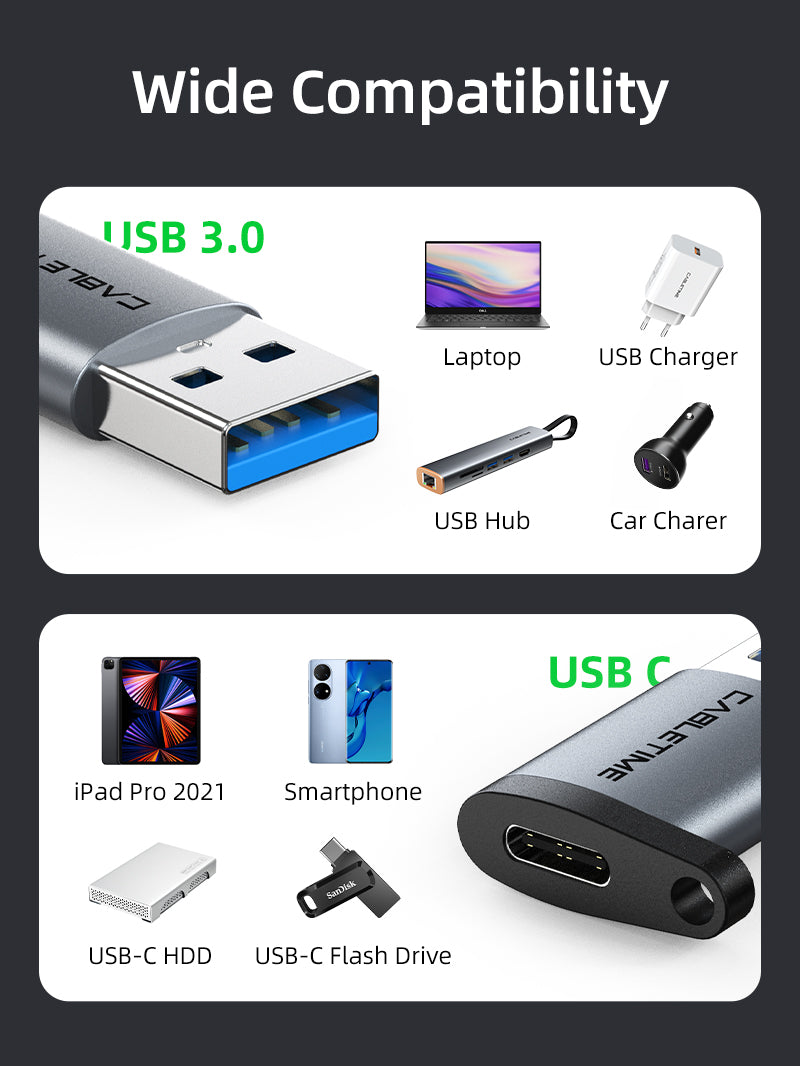 CABLETIME USB 3.0 A Male to USB-C Female OTG Adapter, model CP77G, SKU CT-C160-PU33-CFAM(OTG)-AS