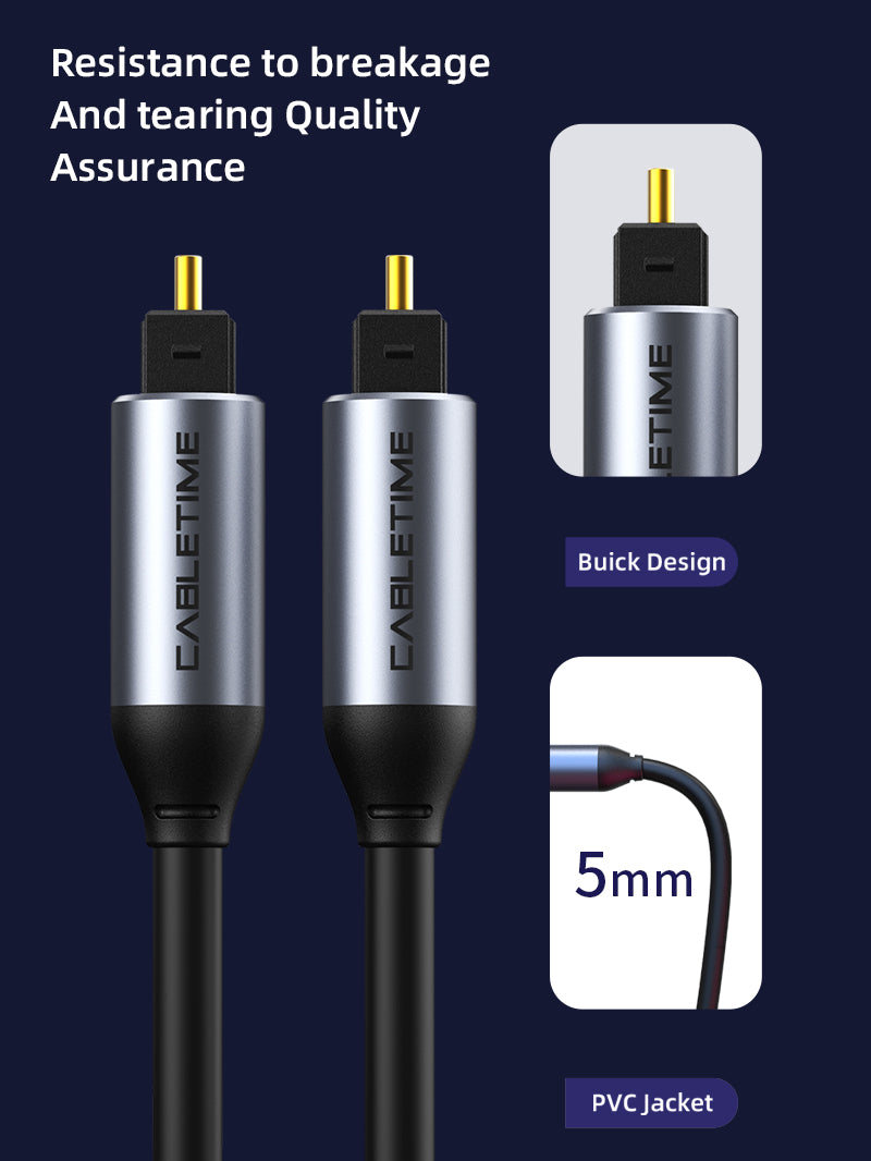 CABLETIME Premium Toslink Optical Cable for Soundbar, TV, Amplifier, DVD & Home Theater – 1m / 2m / 3m / 5m