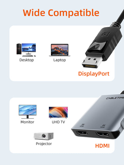 CABLETIME DisplayPort to Dual HDMI Adapter, Dual 4K@60Hz & 8K@30Hz, MST | CT-DM2H8K-AG - image 7