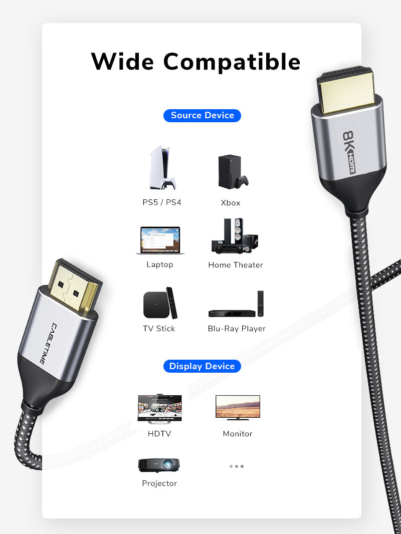 CABLETIME Ultra-Thin HDMI 2.1 Cable, 48Gbps, 8K@60Hz / 4K@120Hz, 1m / 2m | CT-AV540-HE21G(C8K)-B