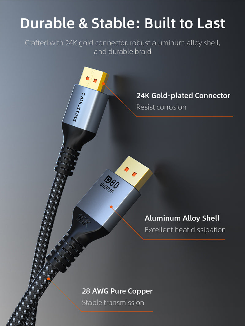 CABLETIME DisplayPort 2.1 durable braided cable and aluminum connectors