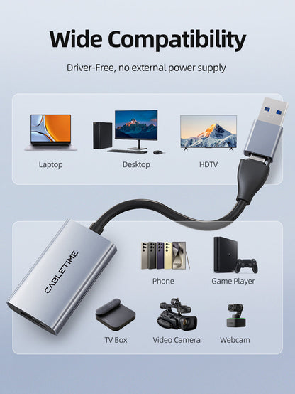 CABLETIME HDMI to USB / USB-C Video Capture Card 1080P60 with 4K30 Input for Nintendo Switch, Gaming & Live Streaming