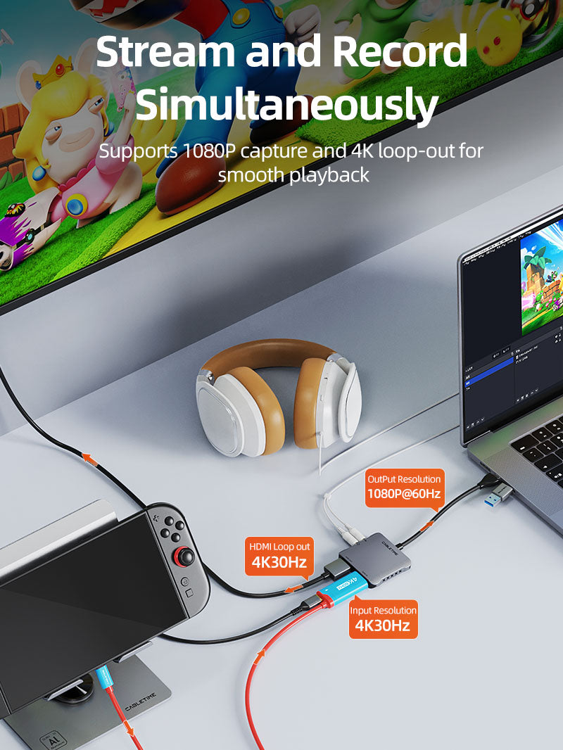 CABLETIME USB 3.0 HDMI Capture Card 1080P60 with 4K30Hz Loop Out, USB-A/USB-C Output, Mic Input & Audio Monitoring