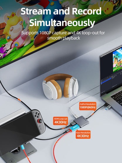 CABLETIME USB 3.0 HDMI Capture Card 1080P60 with 4K30Hz Loop Out, USB-A/USB-C Output, Mic Input & Audio Monitoring
