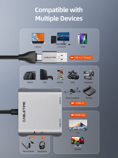 CABLETIME USB 3.0 HDMI Capture Card 1080P60 with 4K30Hz Loop Out, USB-A/USB-C Output, Mic Input & Audio Monitoring