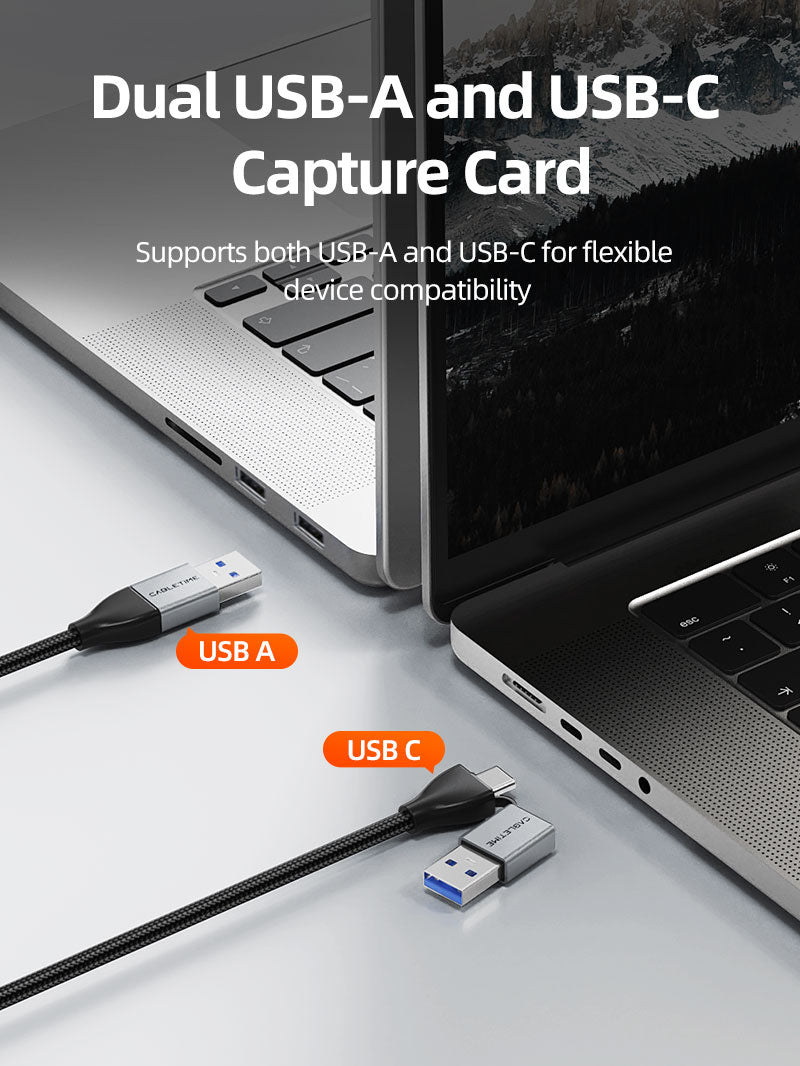 CABLETIME USB 3.0 HDMI Capture Card 1080P60 with 4K30Hz Loop Out, USB-A/USB-C Output, Mic Input & Audio Monitoring