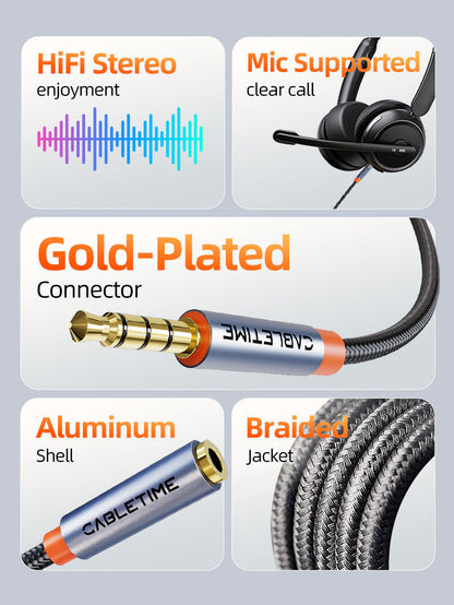 CABLETIME 3.5mm Male to Female Audio Extension Cable with Mic Support, TRRS AUX Headphone Extension Cable