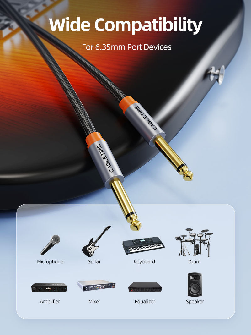 CABLETIME 6.35mm Guitar Instrument Cable 1/4 Inch TS Mono Audio Cable for Guitar, Bass, Keyboard, Amp & Pedals