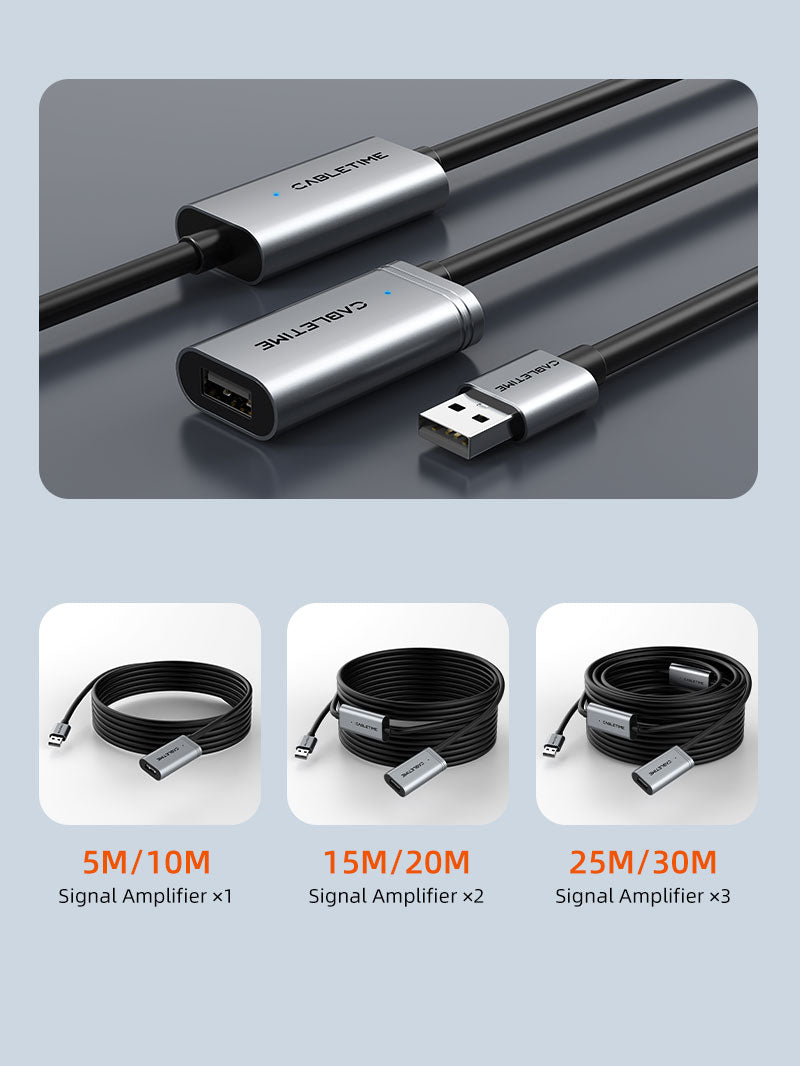 CABLETIME Active USB 2.0 A Male to A Female Extension Cable 5m / 10m / 15m / 20m / 25m / 30m.