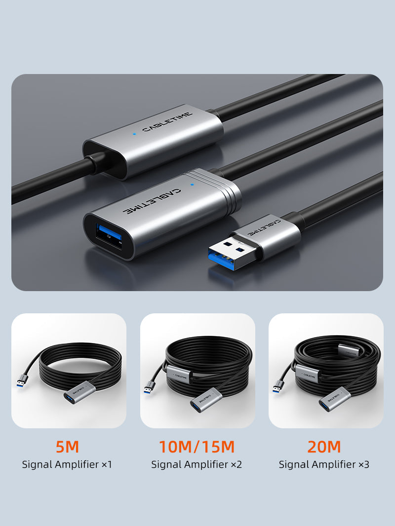 CABLETIME USB 3.0 Active Extension Cable Male to Female 5m / 10m / 15m / 20m with Amplifier