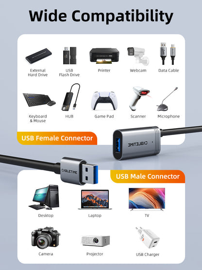 CABLETIME USB 3.0 Active Extension Cable Male to Female 5m / 10m / 15m / 20m with Amplifier