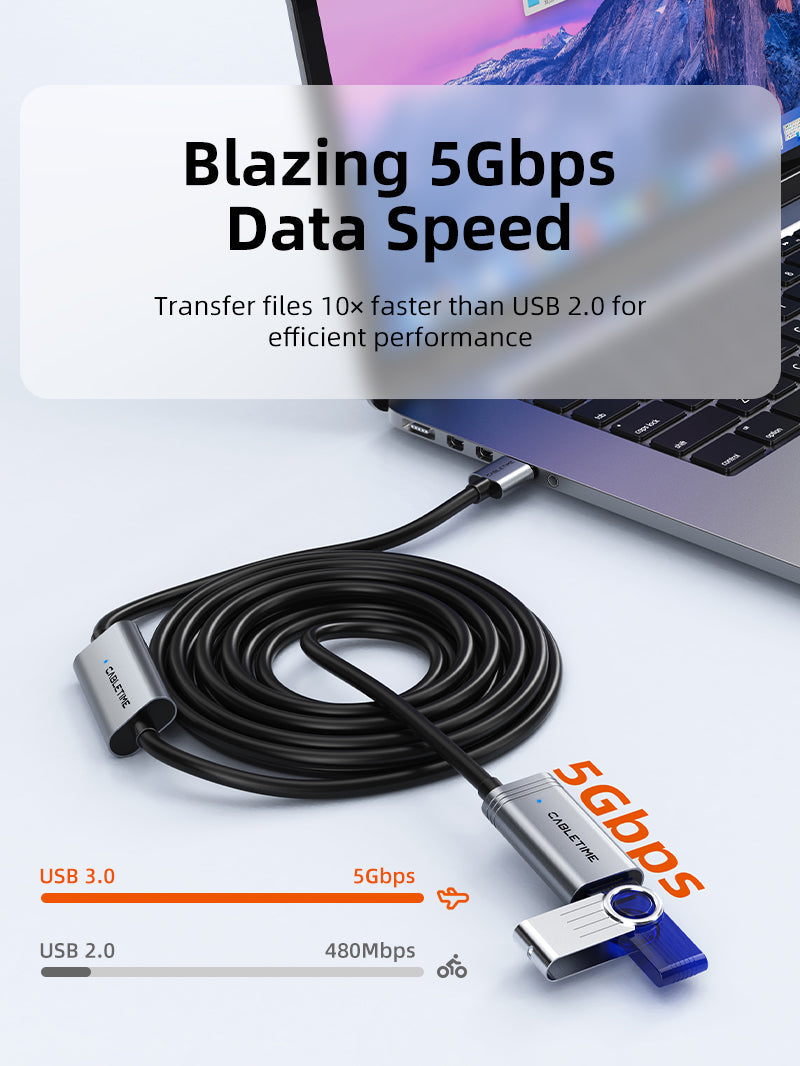 CABLETIME USB 3.0 Active Extension Cable Male to Female 5m / 10m / 15m / 20m with Amplifier