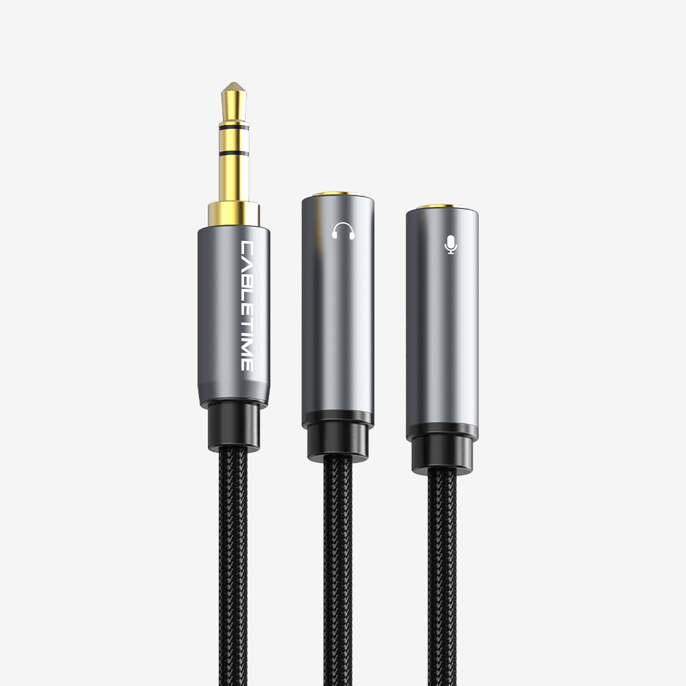 CABLETIME 3.5mm four-pole headset splitter for headphone and microphone CT-AV309-P12G4P-S