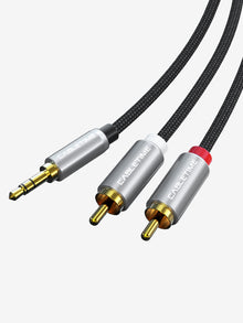 CABLETIME 3.5mm to dual RCA audio cable, gold tips, black braided cords with red/white plugs