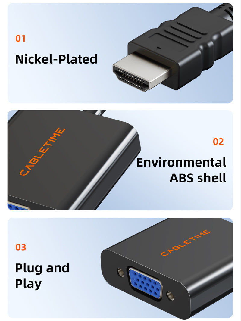 CABLETIME 1080p HDMI Male to VGA Female Video Converter Adapter, model CP52B, SKU CT-AV582-HAVGAG-B0.2