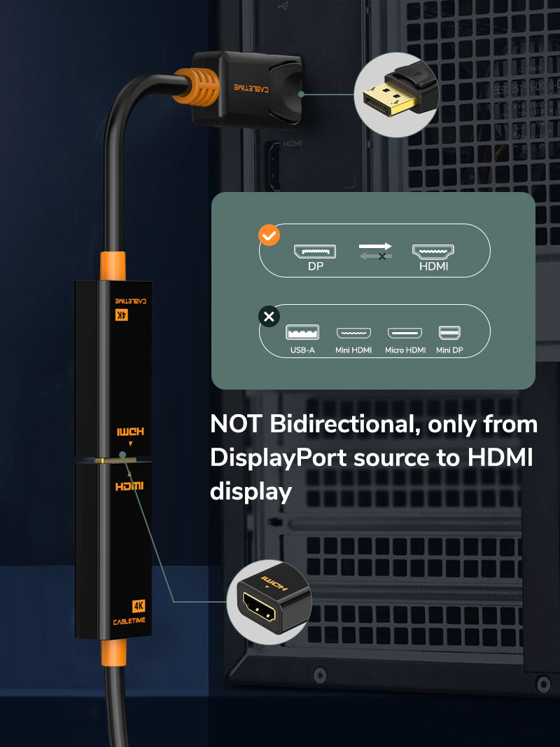CABLETIME DisplayPort source to HDMI display one-way adapter
