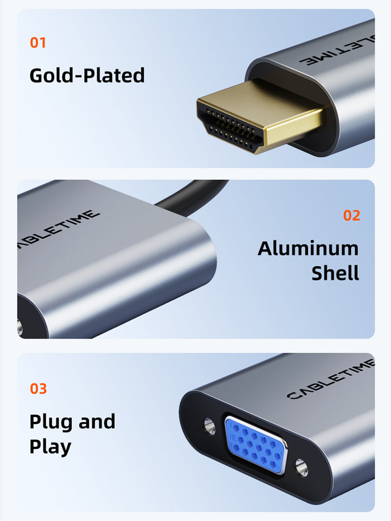 CABLETIME HDMI to VGA Adapter 1080p Female to Male for Laptop TV Projector, model CP53G, SKU CT-C160-PU31-HMVGA1-S0.15