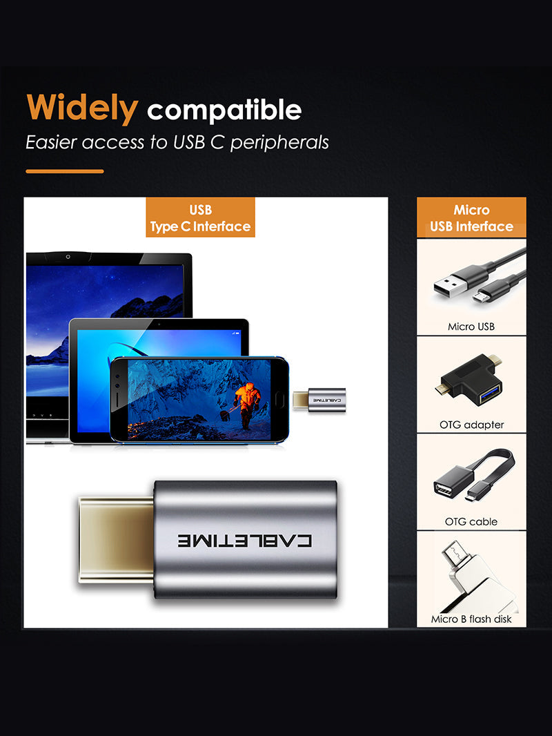 CABLETIME USB C Male to Micro B Female Adapter, model CP75G, SKU CT-C160-PU32-CMMcBF-ASG