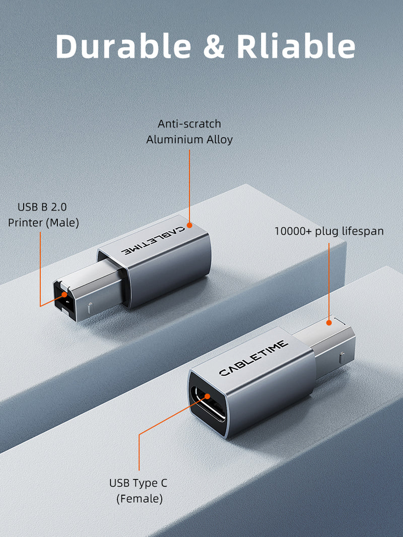 CABLETIME USB C to USB B 2.0 Printer Adapter, model CCB2G, SKU CT-CFBM2-AG
