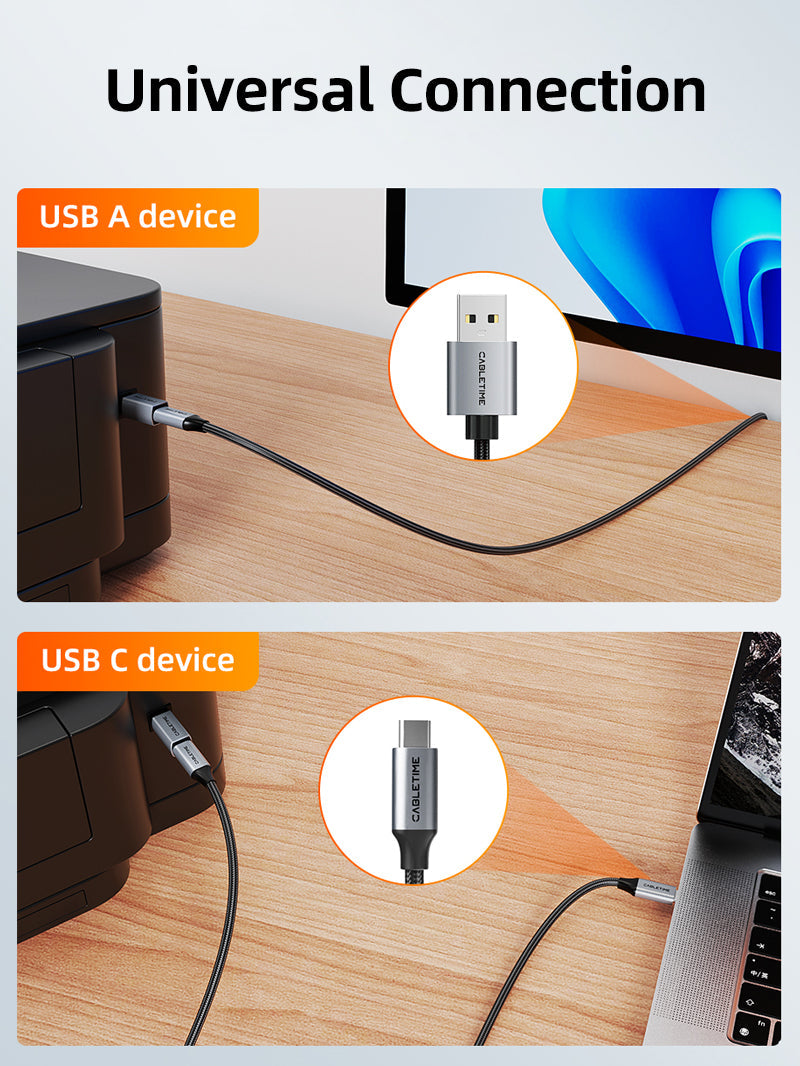 CABLETIME USB C to USB B 2.0 Printer Adapter, model CCB2G, SKU CT-CFBM2-AG