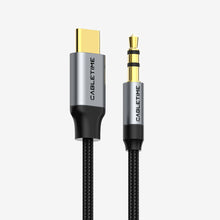 USB-C to 3.5mm AUX audio cable with gold connectors and braided black jacket