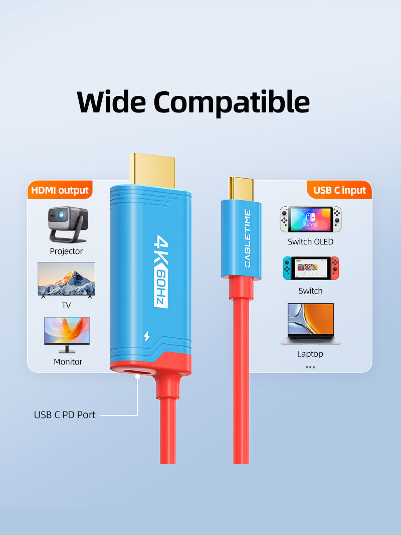 CABLETIME 4K60Hz USB C to HDMI Adapter Cable for Nintendo Switch 2 Mini Dock with PD100W, model CC16L, SKU CT-CMHD4P-PB2