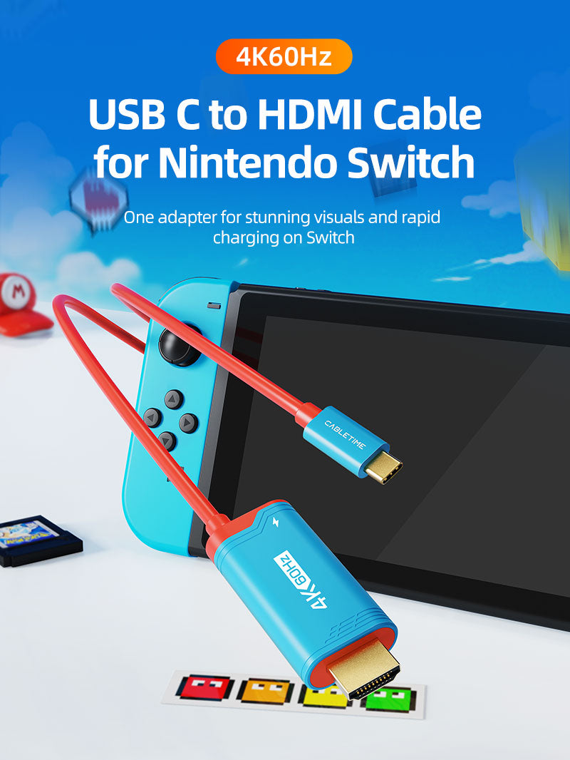 CABLETIME 4K60Hz USB C to HDMI Adapter Cable for Nintendo Switch 2 Mini Dock with PD100W, model CC16L, SKU CT-CMHD4P-PB2