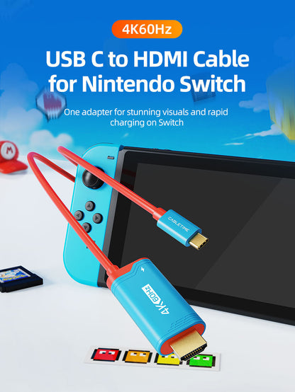CABLETIME 4K60Hz USB C to HDMI Adapter Cable for Nintendo Switch 2 Mini Dock with PD100W, model CC16L, SKU CT-CMHD4P-PB2